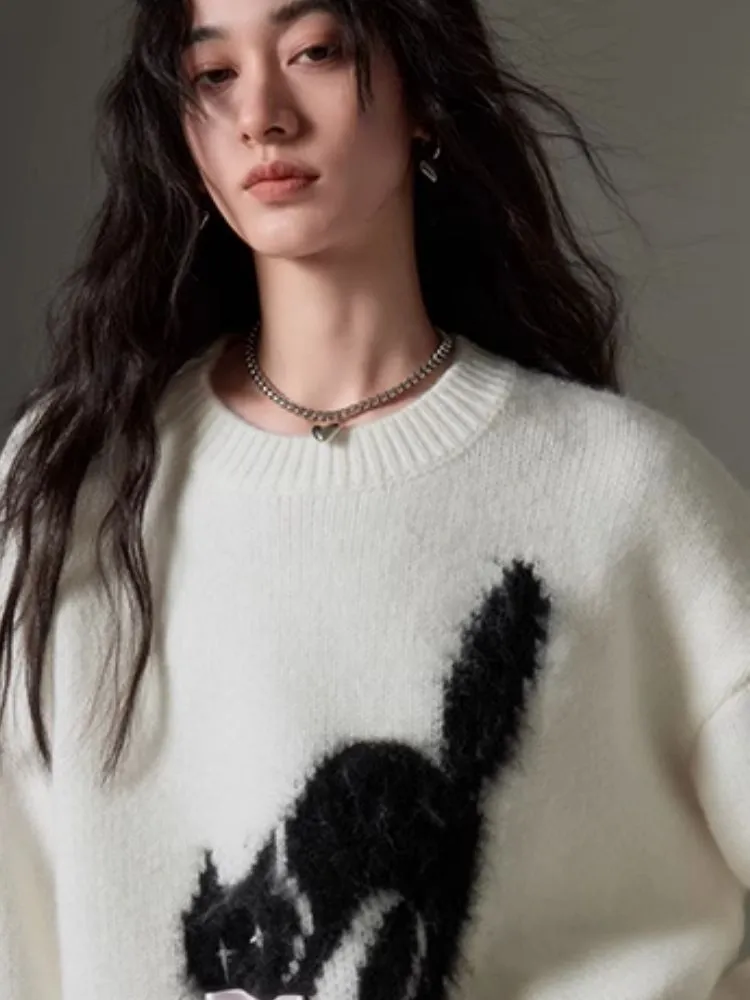 fried cat soft round neck pullover sweater