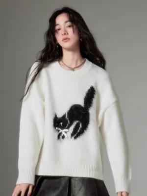 fried cat soft round neck pullover sweater