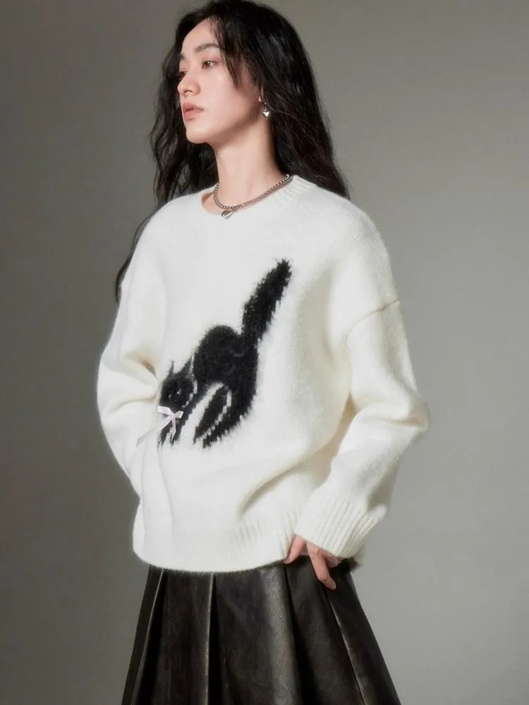 fried cat soft round neck pullover sweater