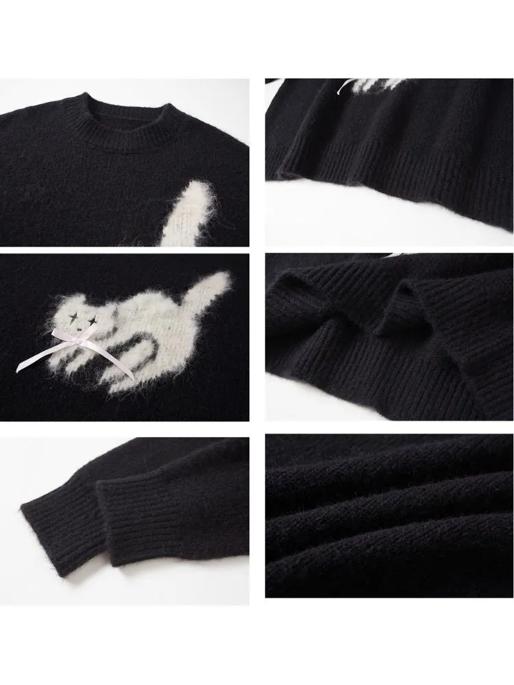fried cat soft round neck pullover sweater