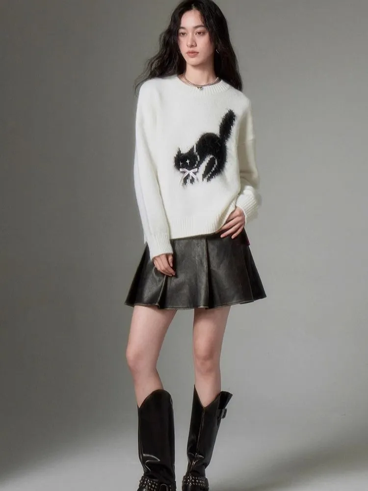 fried cat soft round neck pullover sweater