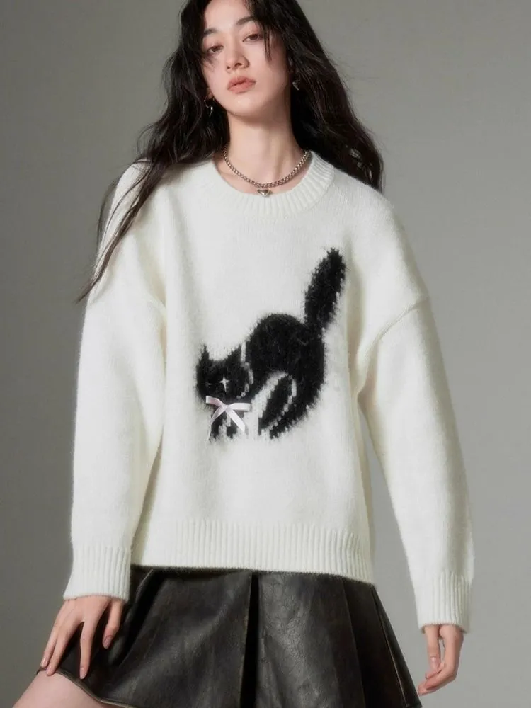 fried cat soft round neck pullover sweater