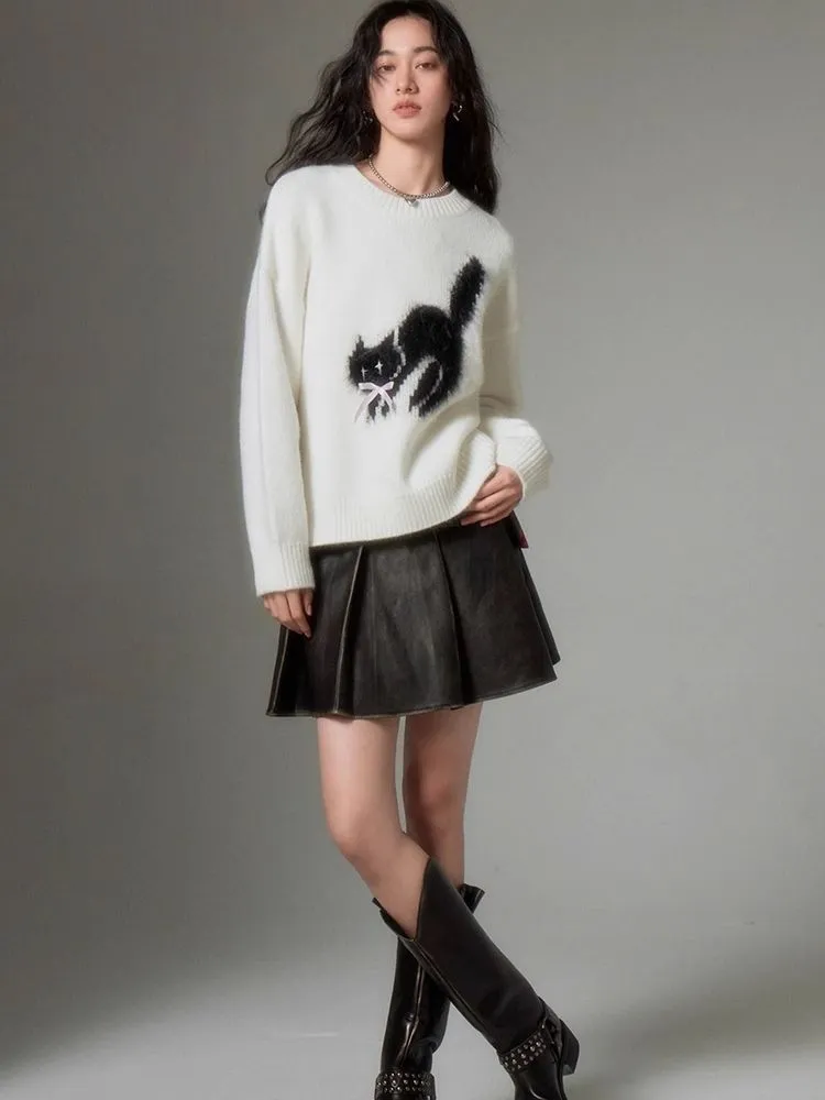 fried cat soft round neck pullover sweater