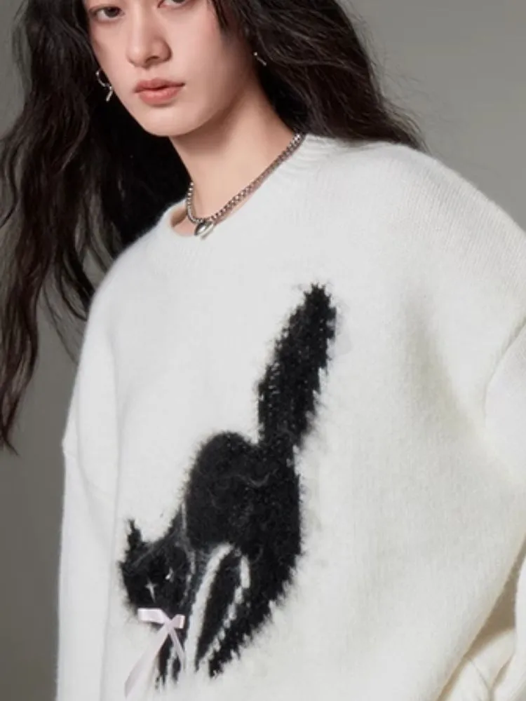 fried cat soft round neck pullover sweater