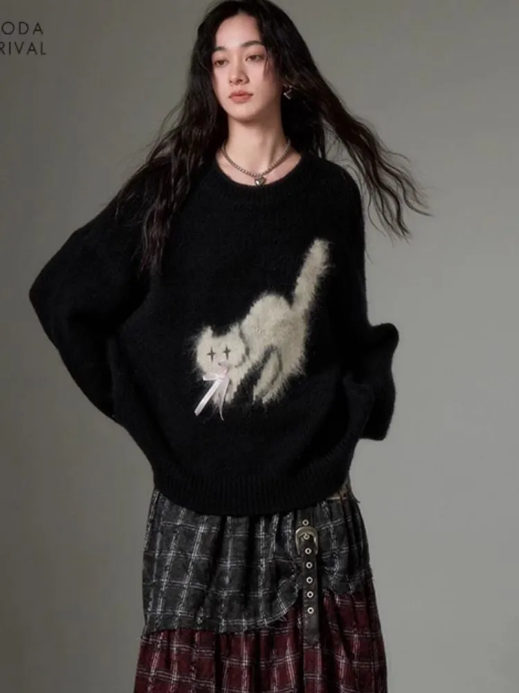 fried cat soft round neck pullover sweater
