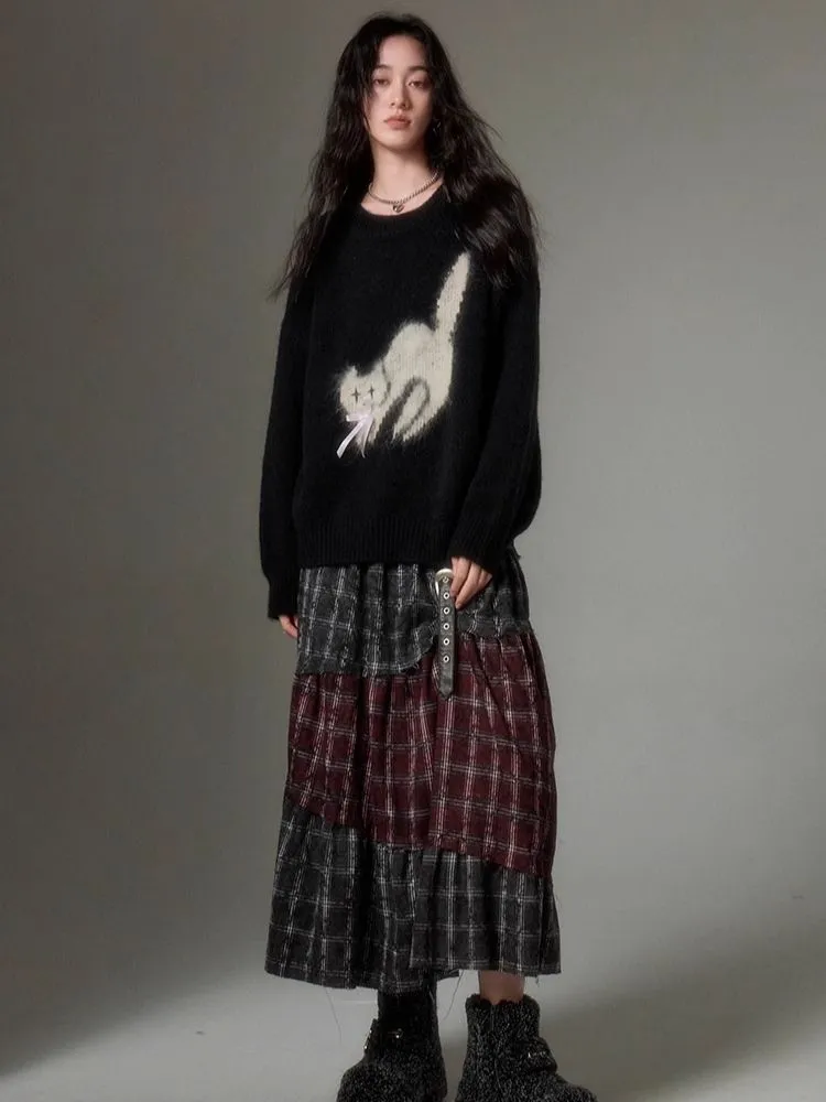 fried cat soft round neck pullover sweater
