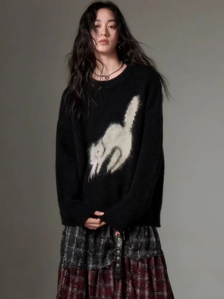 fried cat soft round neck pullover sweater