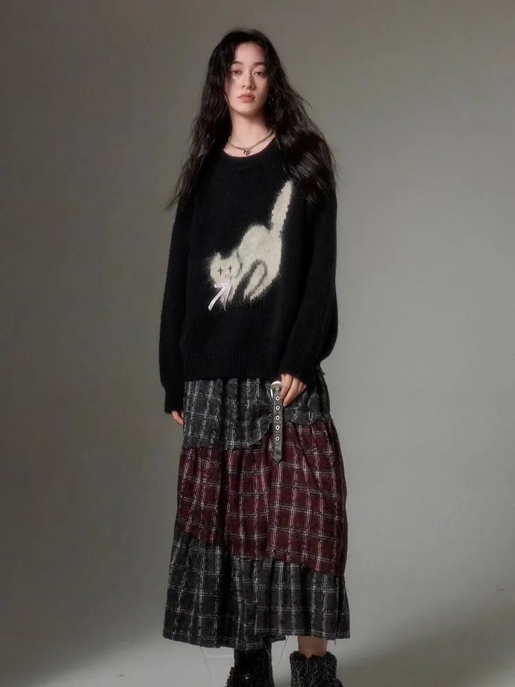 fried cat soft round neck pullover sweater