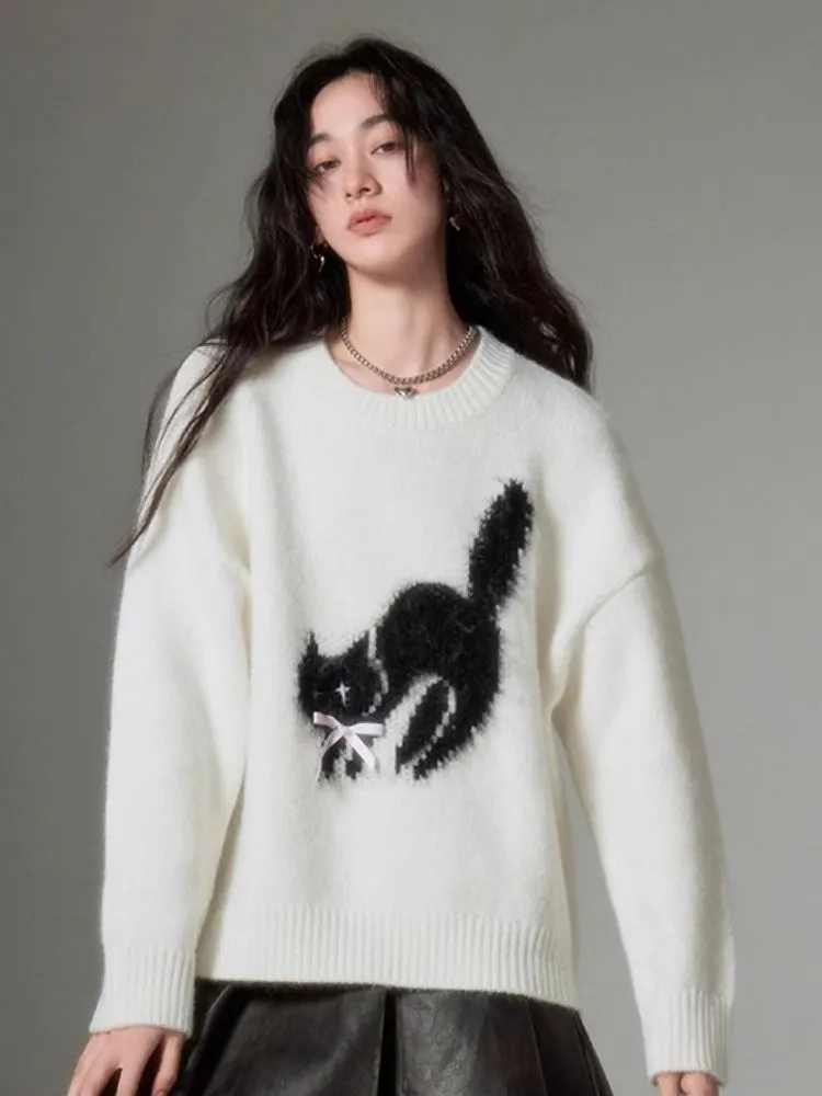 fried cat soft round neck pullover sweater
