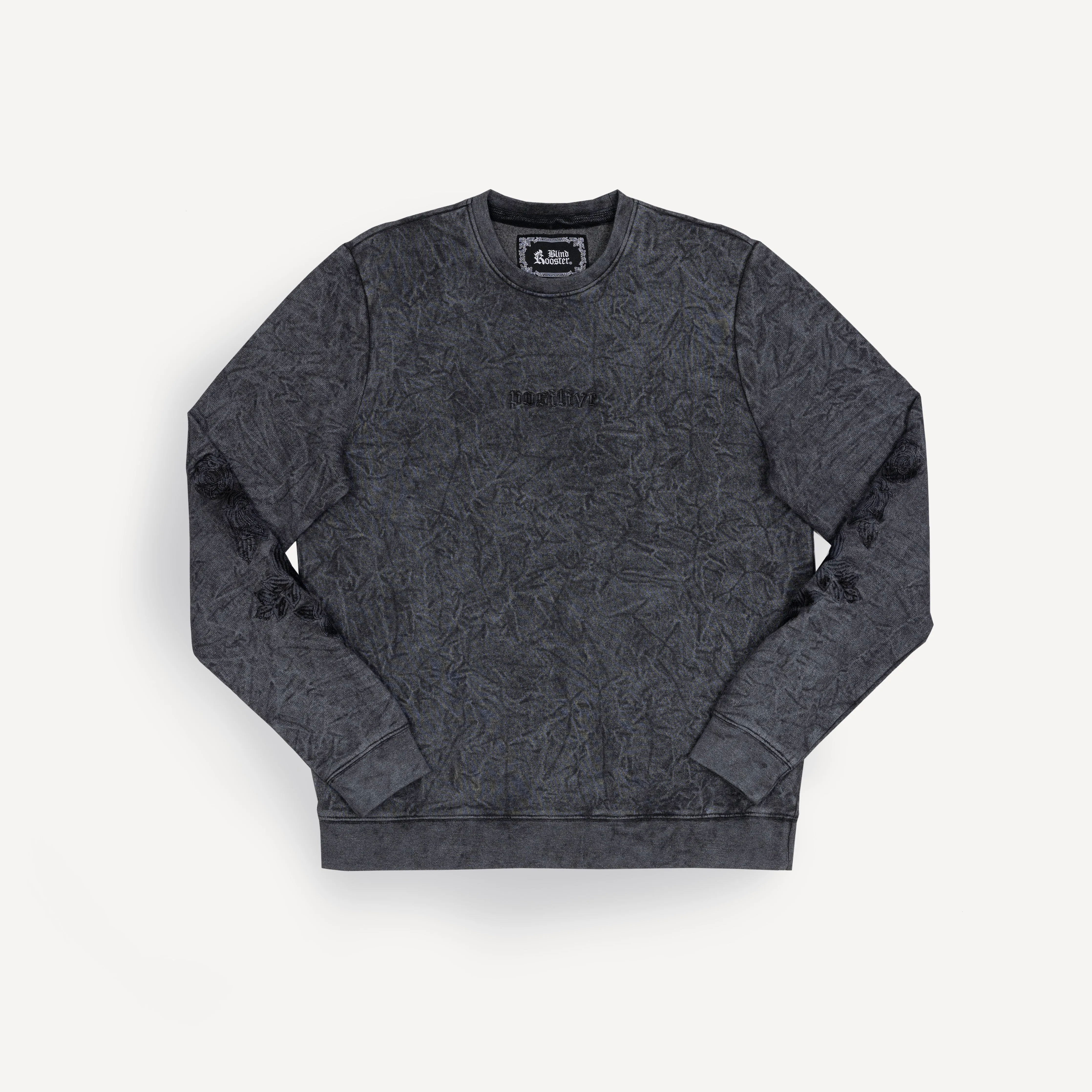 Gender Neutral Crushed Washed Fleece Crewneck with Luxury Embroidery - Black / Positive