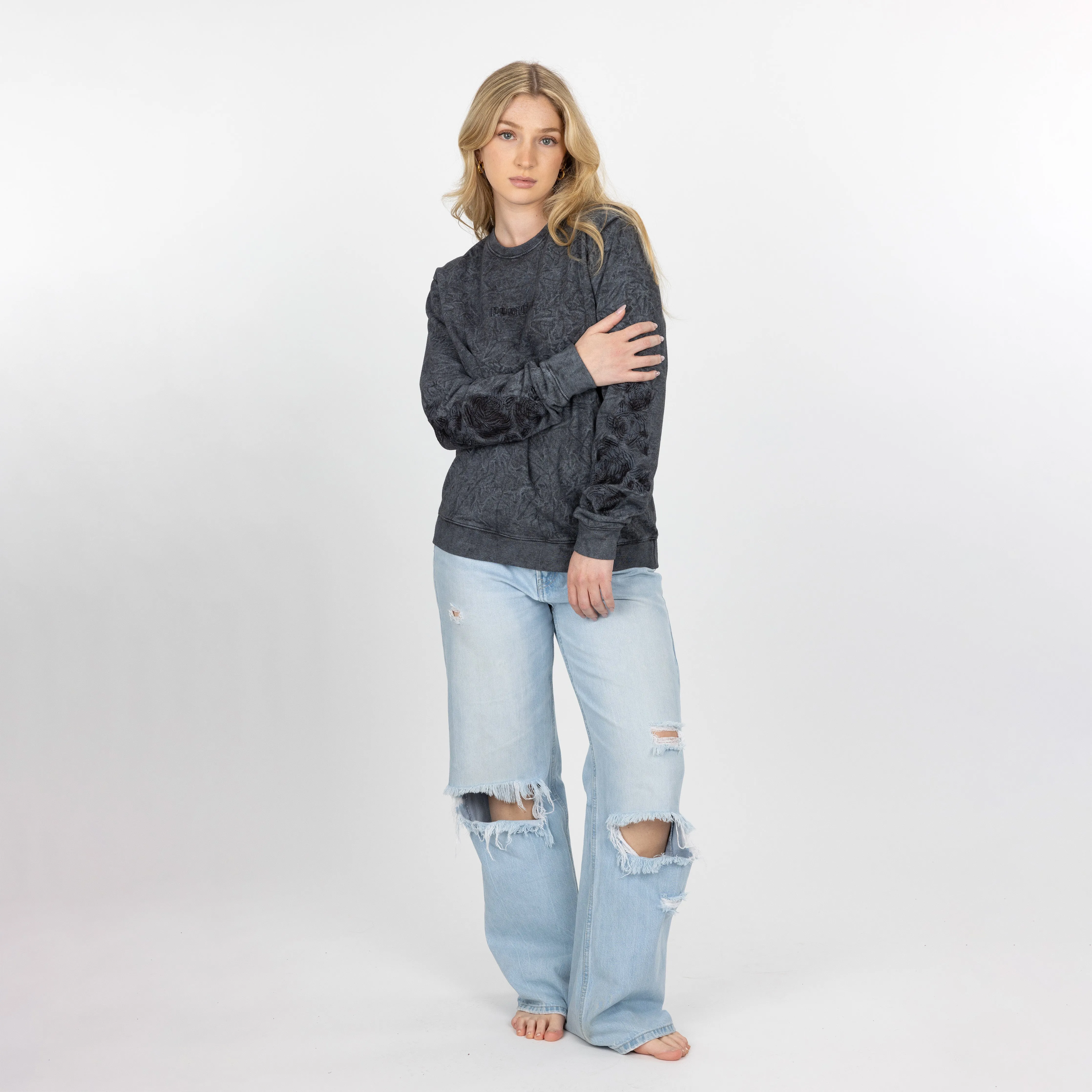 Gender Neutral Crushed Washed Fleece Crewneck with Luxury Embroidery - Black / Positive