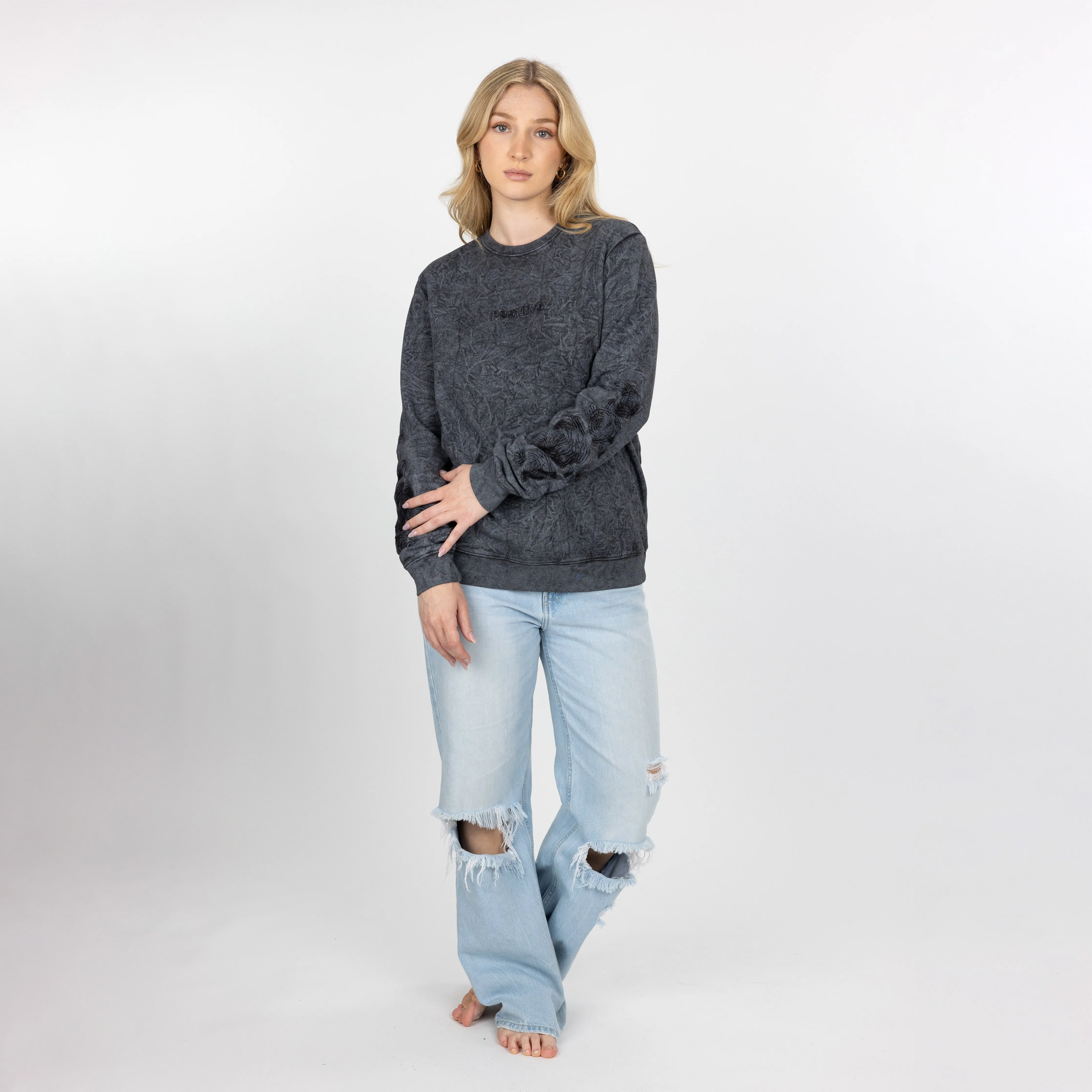 Gender Neutral Crushed Washed Fleece Crewneck with Luxury Embroidery - Black / Positive