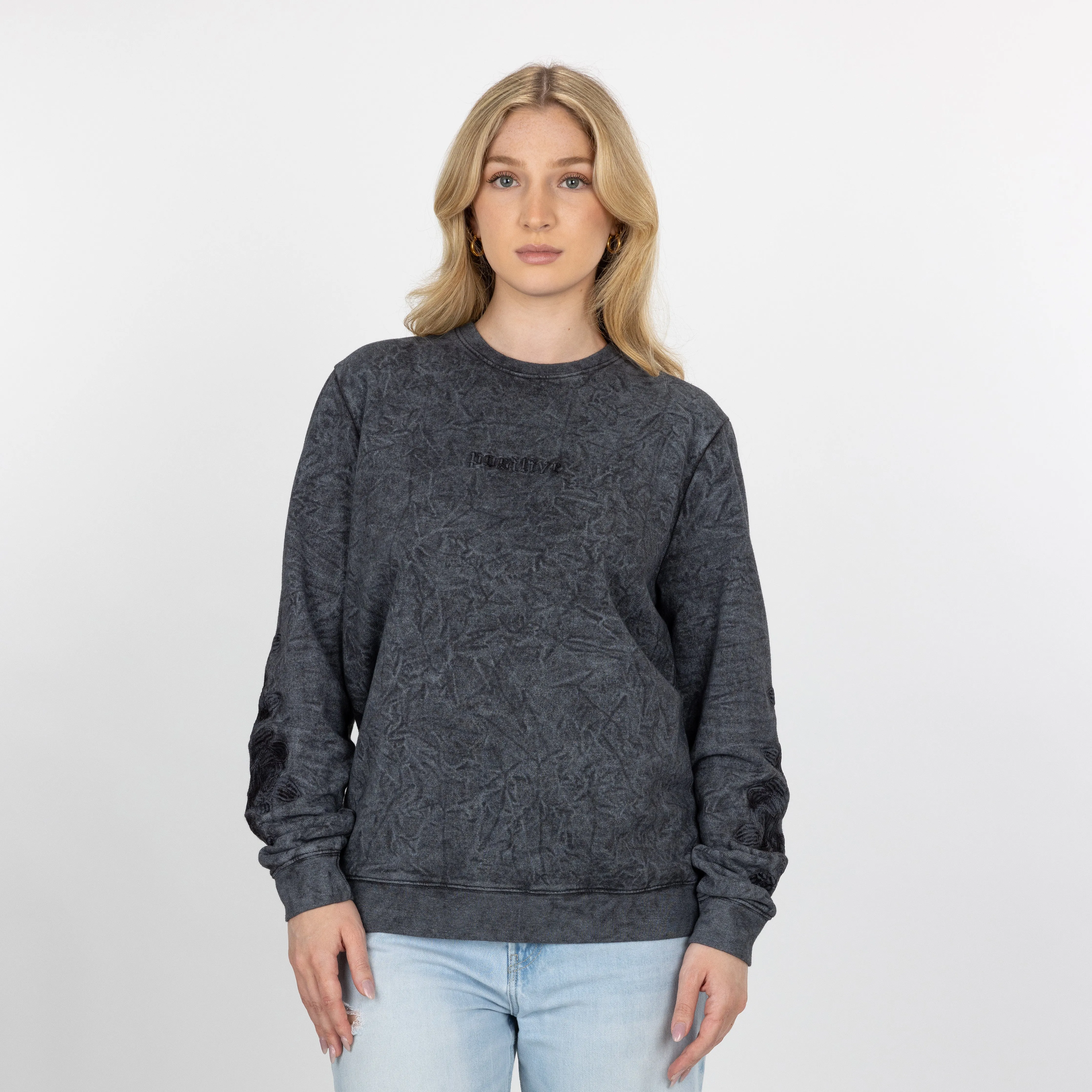 Gender Neutral Crushed Washed Fleece Crewneck with Luxury Embroidery - Black / Positive