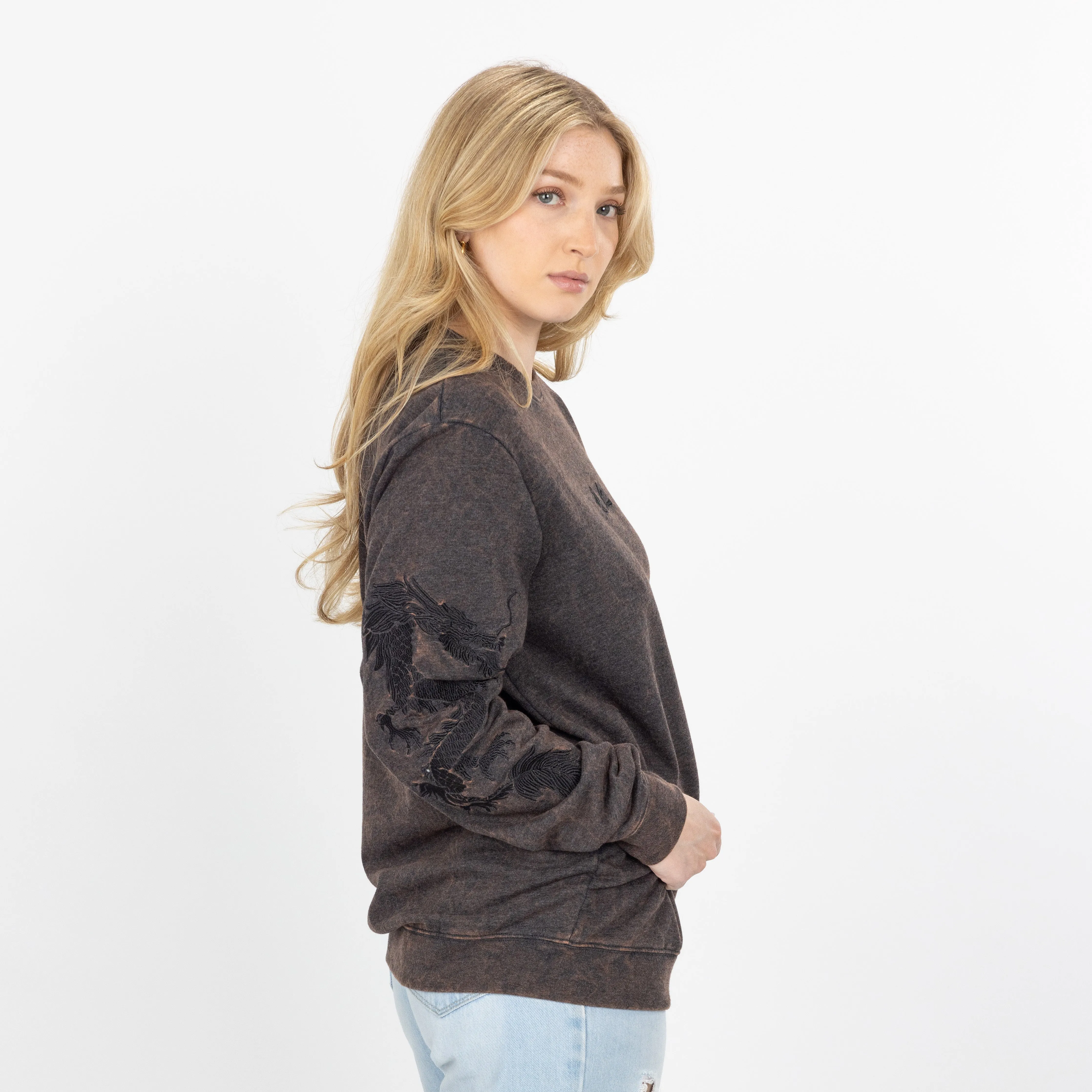 Gender Neutral Crushed Washed Fleece Crewneck with Luxury Embroidery - Brown / Kanji Rise Up