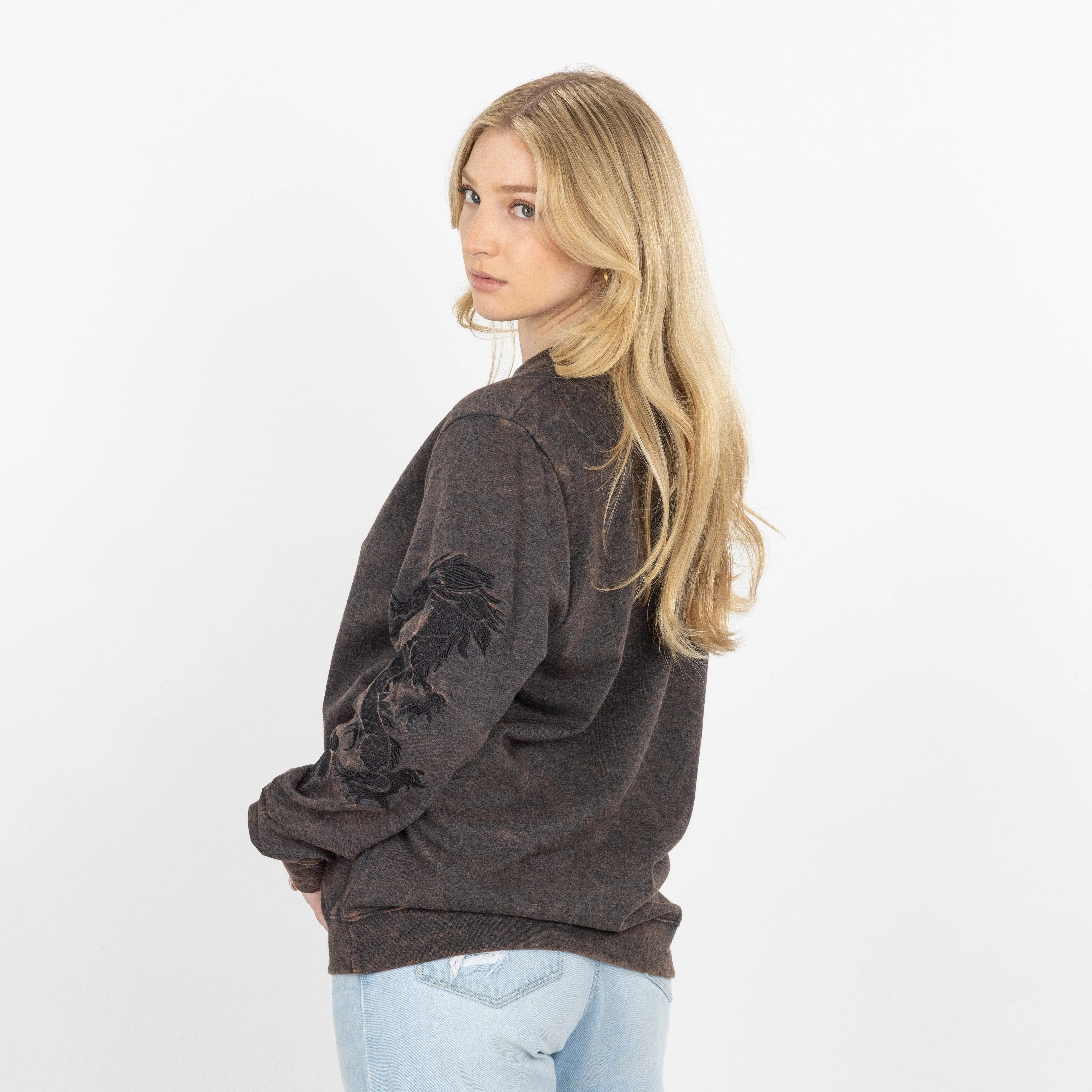 Gender Neutral Crushed Washed Fleece Crewneck with Luxury Embroidery - Brown / Kanji Rise Up