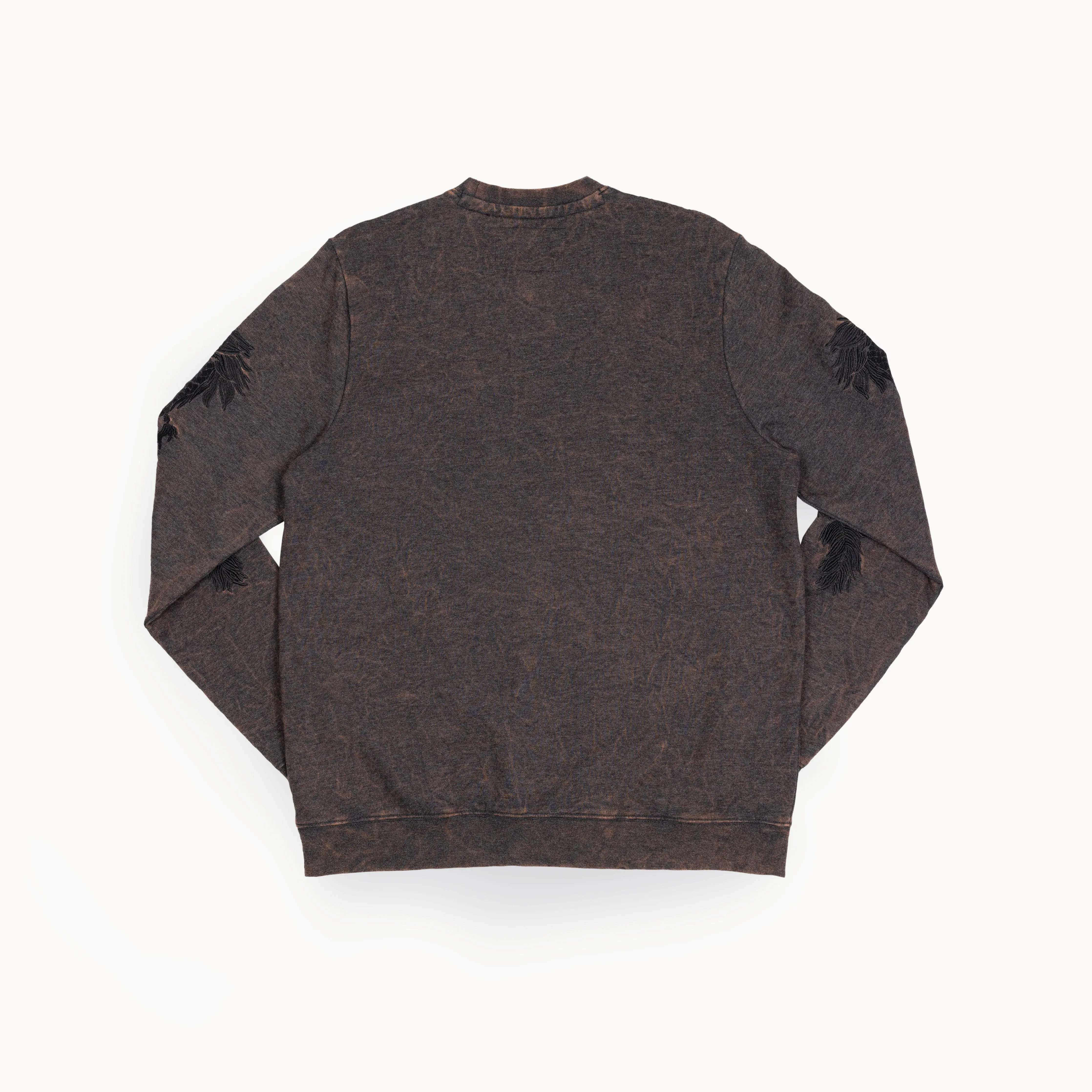 Gender Neutral Crushed Washed Fleece Crewneck with Luxury Embroidery - Brown / Kanji Rise Up