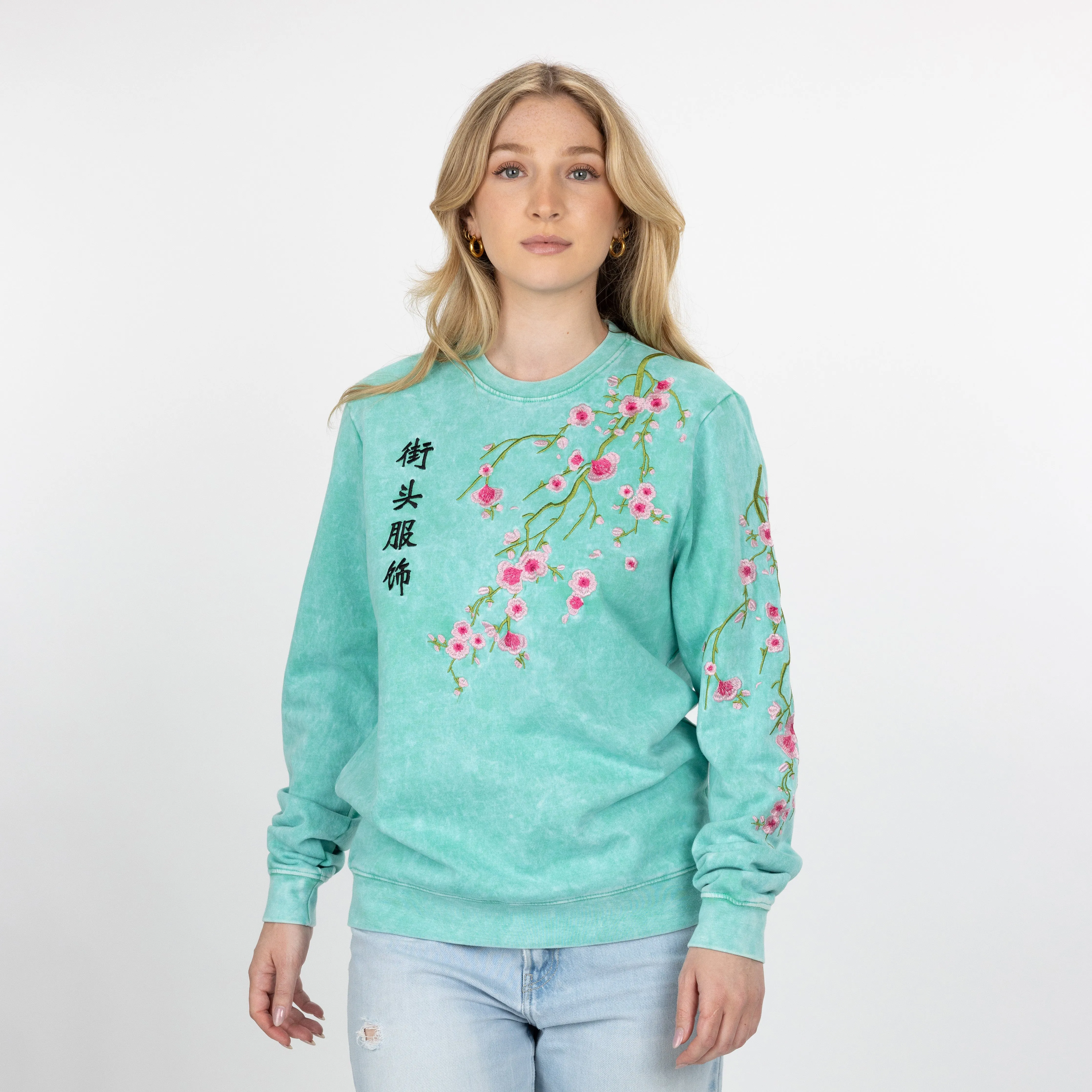 Gender Neutral Crushed Washed Fleece Crewneck with Luxury Embroidery - Marine Green / Kanji Streetwear