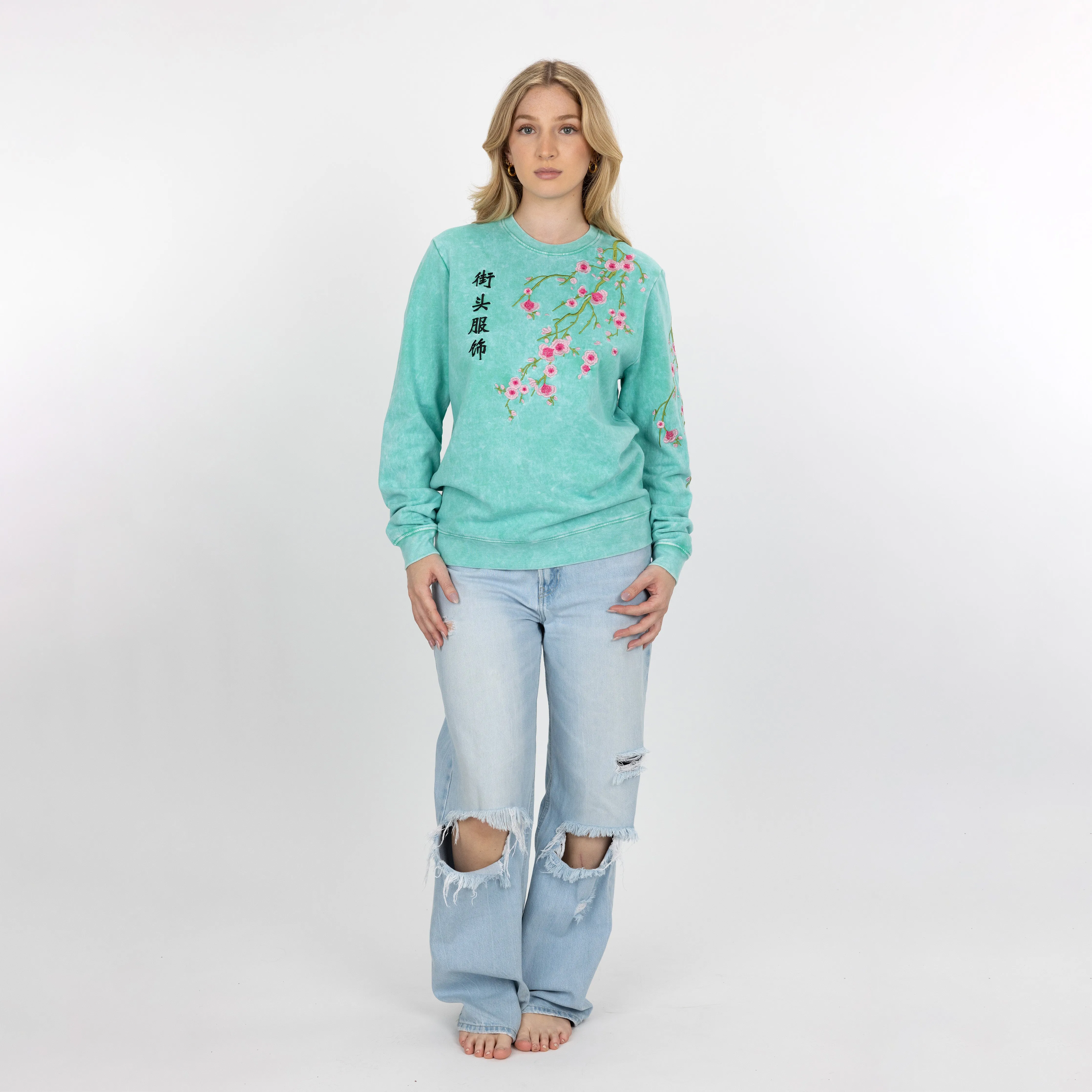 Gender Neutral Crushed Washed Fleece Crewneck with Luxury Embroidery - Marine Green / Kanji Streetwear
