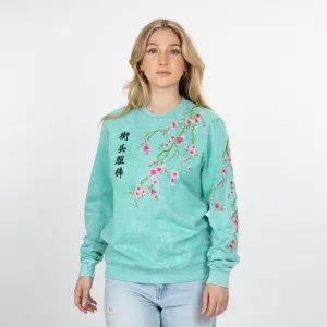 Gender Neutral Crushed Washed Fleece Crewneck with Luxury Embroidery - Marine Green / Kanji Streetwear