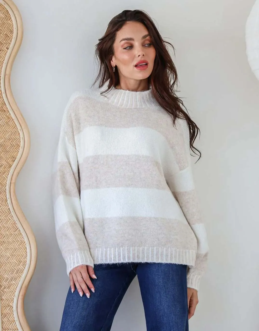 Gigi Wool Blend Stripe Knit - Latte/Winter White