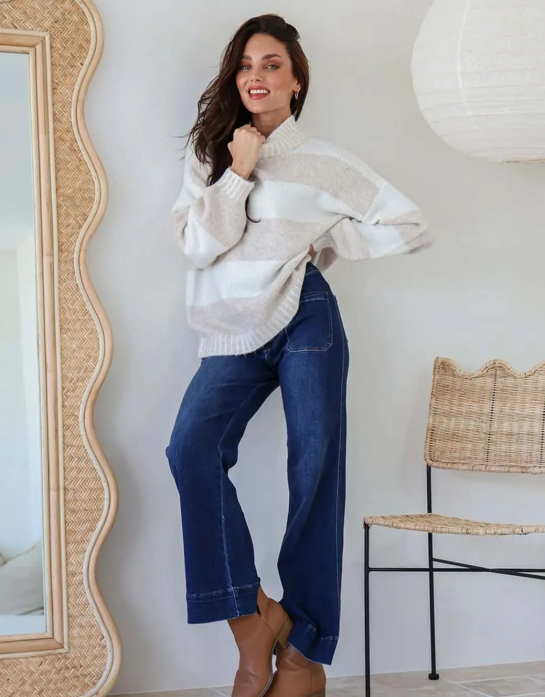 Gigi Wool Blend Stripe Knit - Latte/Winter White