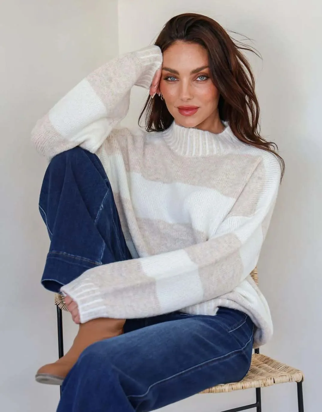 Gigi Wool Blend Stripe Knit - Latte/Winter White