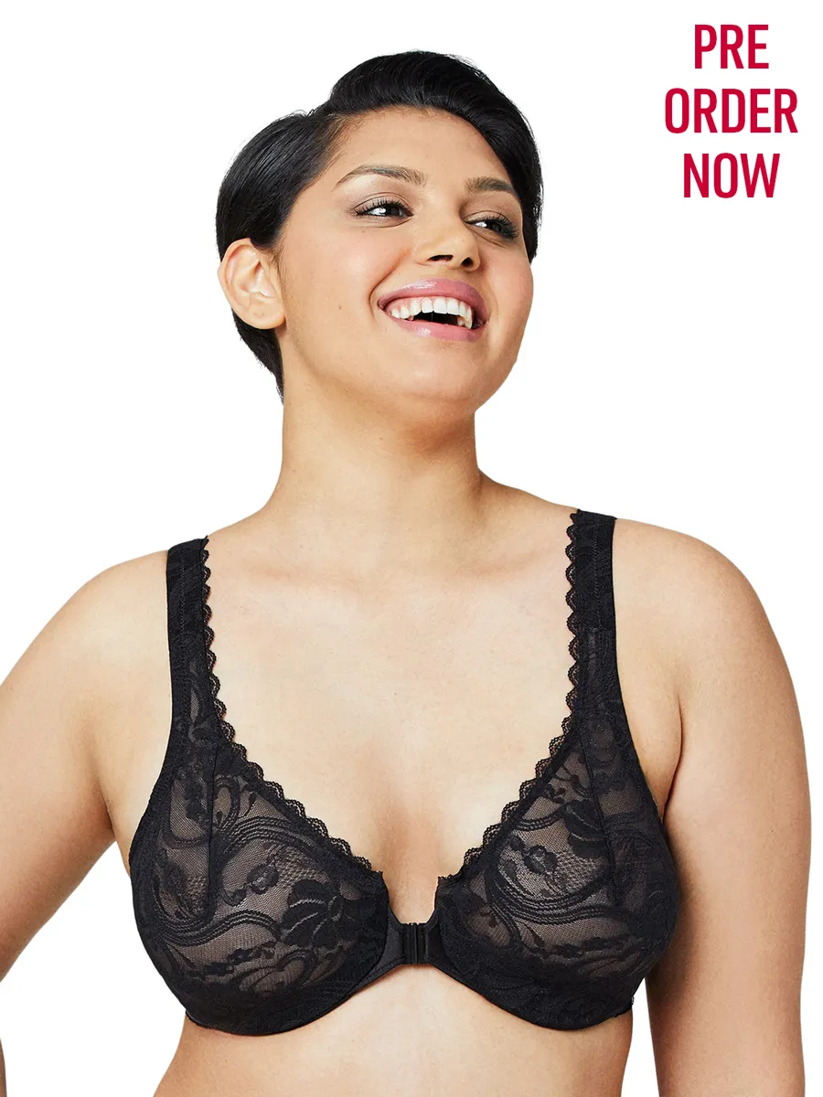 Glamorise Bra 9245 - Allover Lace Front-Close Underwire Bra - Black