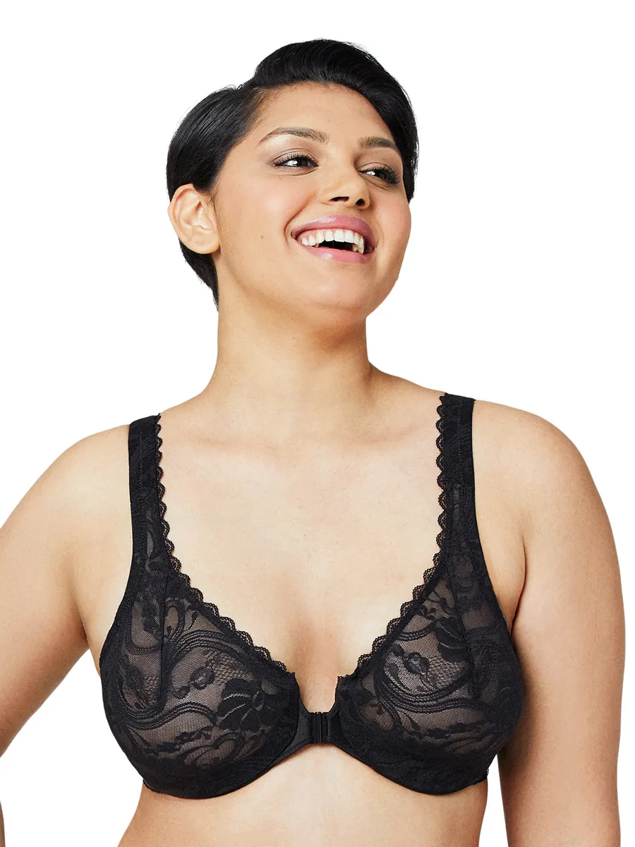 Glamorise Bra 9245 - Allover Lace Front-Close Underwire Bra - Black