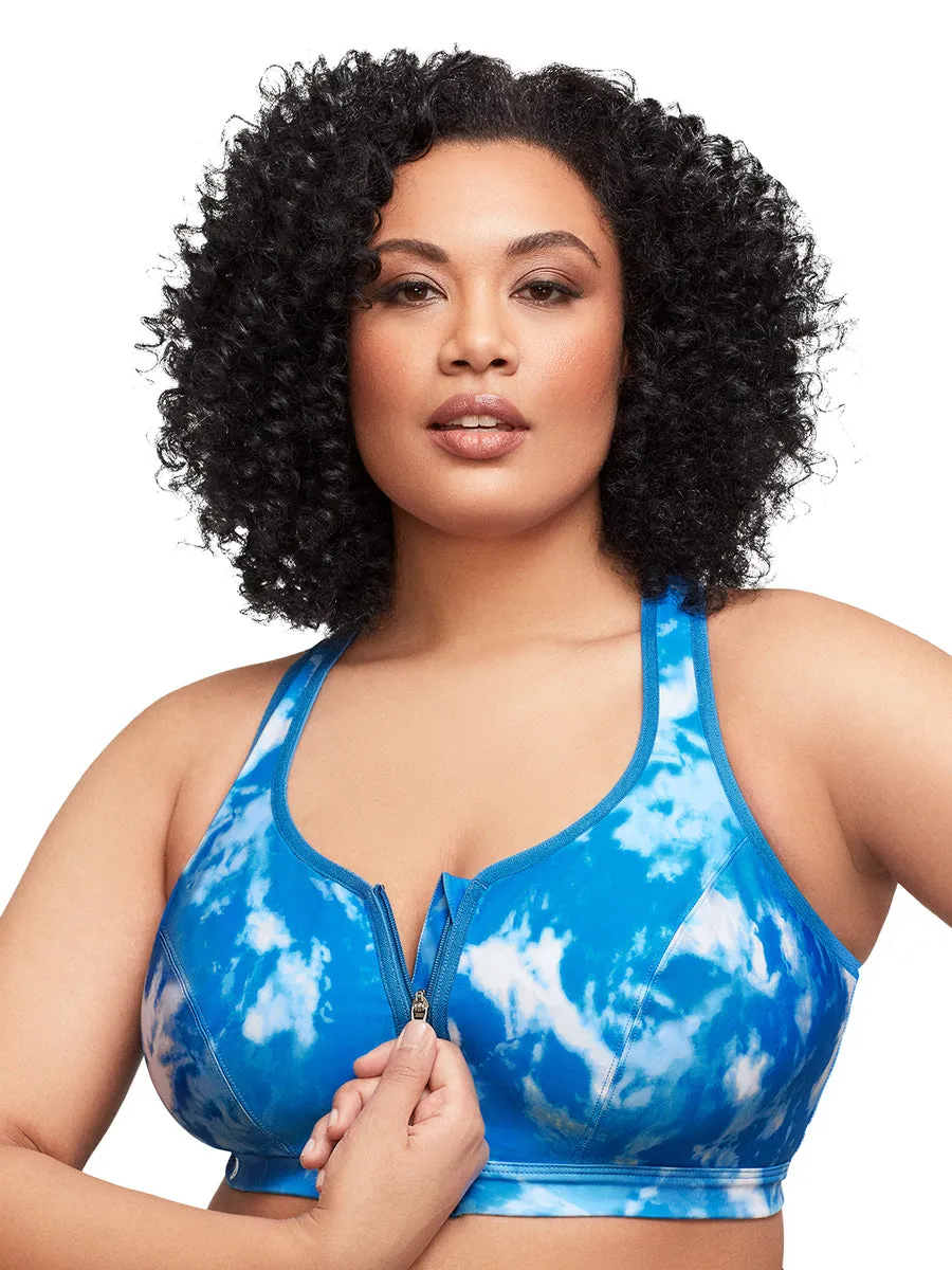 Glamorise Bra 9266 - Zip Up Front-Closure Sports Bra - Blue Tye-Dye