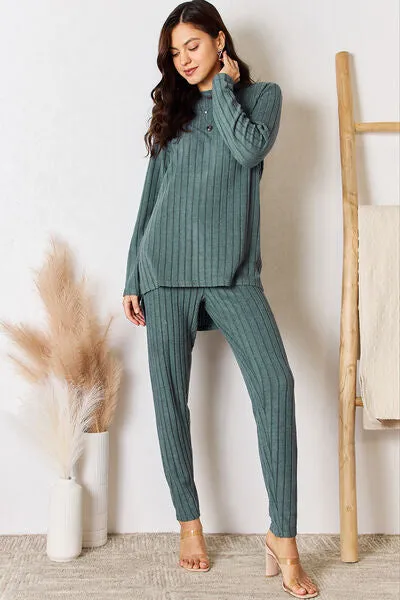 Gloria Basic Bae Full Size Ribbed Round Neck High-Low Slit Top and Pants Set