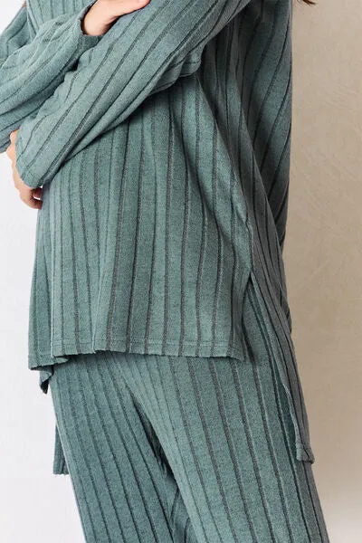Gloria Basic Bae Full Size Ribbed Round Neck High-Low Slit Top and Pants Set