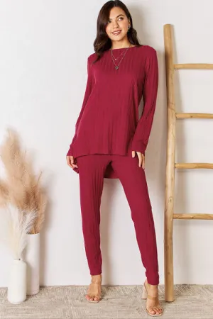 Gloria Basic Bae Full Size Ribbed Round Neck High-Low Slit Top and Pants Set