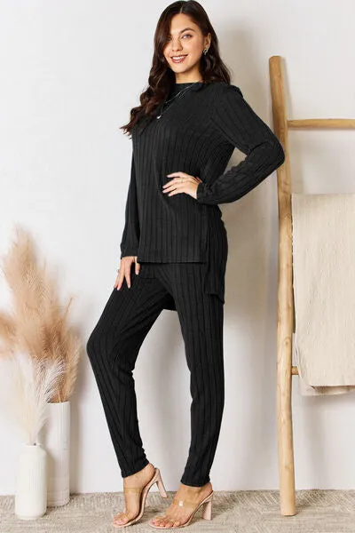 Gloria Basic Bae Full Size Ribbed Round Neck High-Low Slit Top and Pants Set