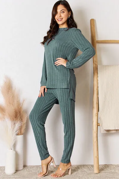 Gloria Basic Bae Full Size Ribbed Round Neck High-Low Slit Top and Pants Set
