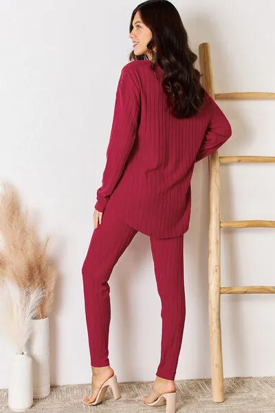 Gloria Basic Bae Full Size Ribbed Round Neck High-Low Slit Top and Pants Set