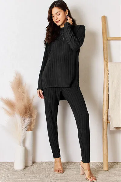 Gloria Basic Bae Full Size Ribbed Round Neck High-Low Slit Top and Pants Set
