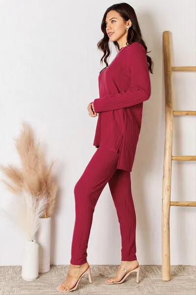 Gloria Basic Bae Full Size Ribbed Round Neck High-Low Slit Top and Pants Set