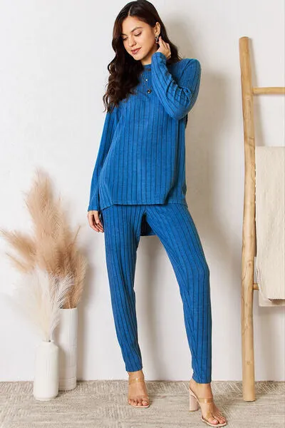 Gloria Basic Bae Full Size Ribbed Round Neck High-Low Slit Top and Pants Set