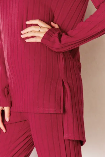 Gloria Basic Bae Full Size Ribbed Round Neck High-Low Slit Top and Pants Set