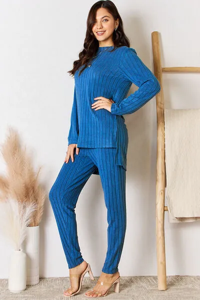 Gloria Basic Bae Full Size Ribbed Round Neck High-Low Slit Top and Pants Set