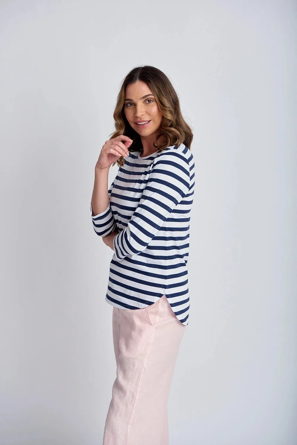 Goondiwindi Cotton Cotton 3/4 Sleeve Stripe Tee Navy/White