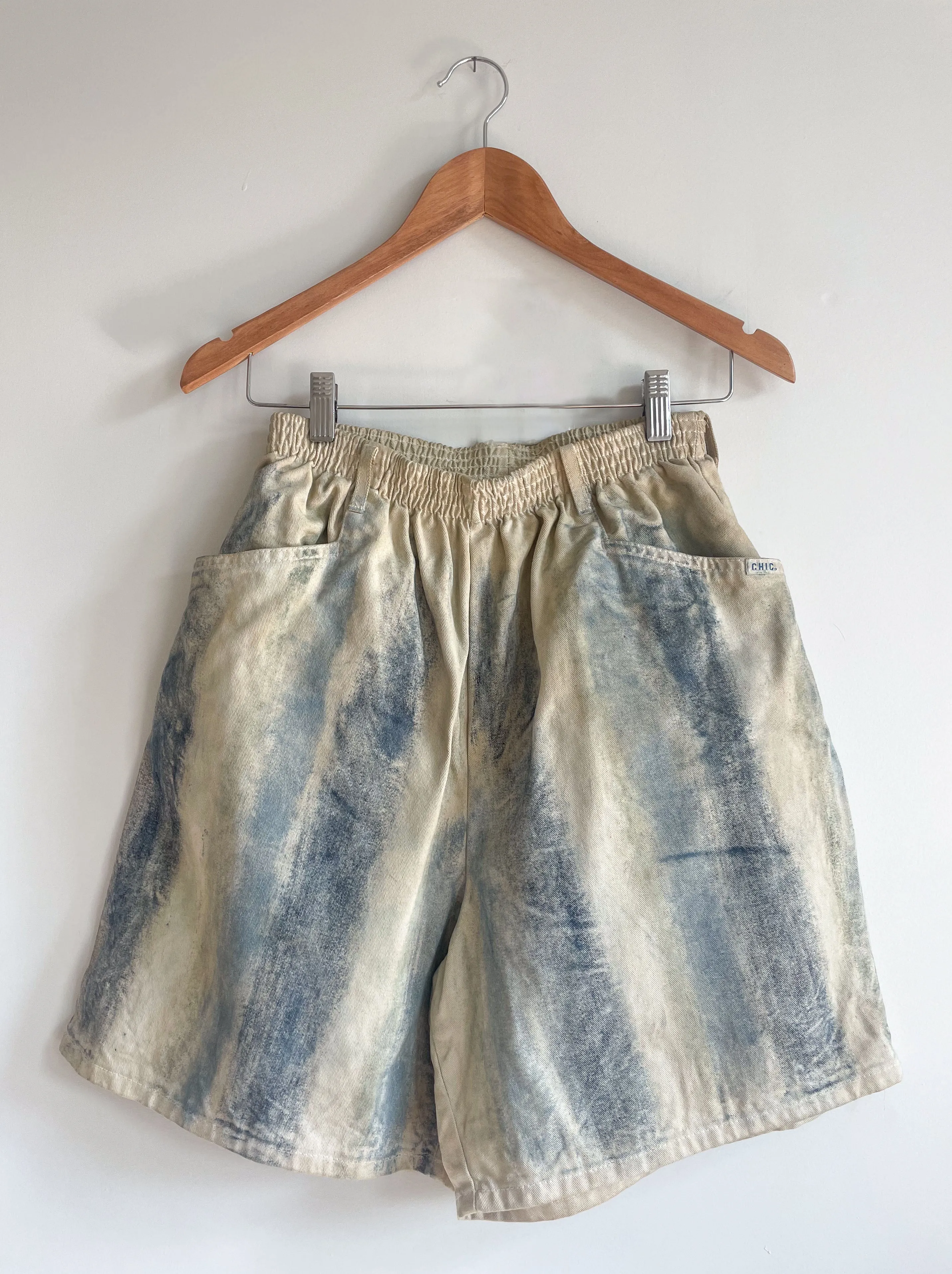 Hand-Painted Cotton Twill High-Waisted Shorts - Indigo Stripe