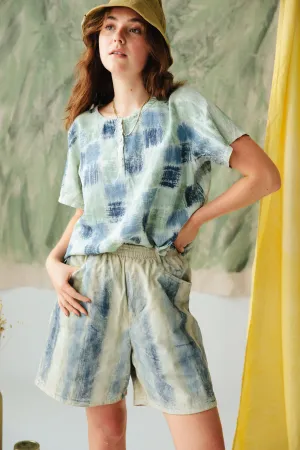 Hand-Painted Cotton Twill High-Waisted Shorts - Indigo Stripe