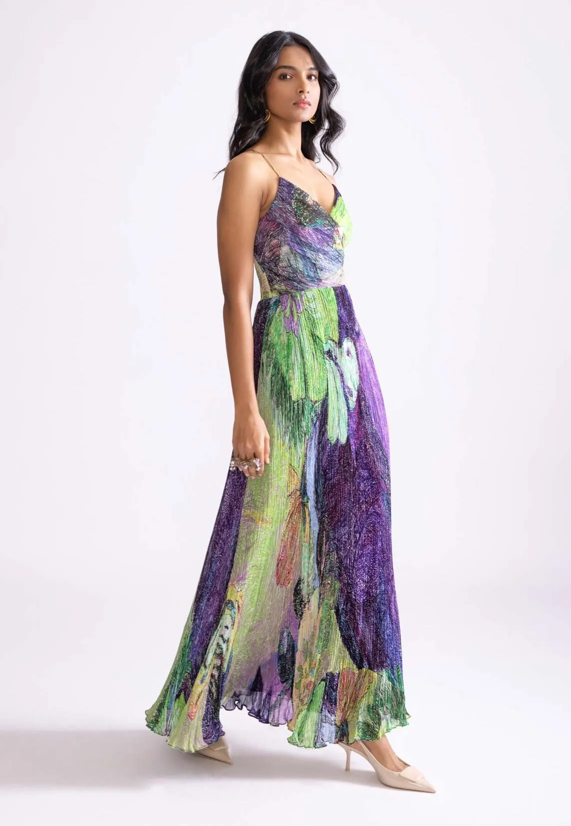 Harlow green purple pleat dress
