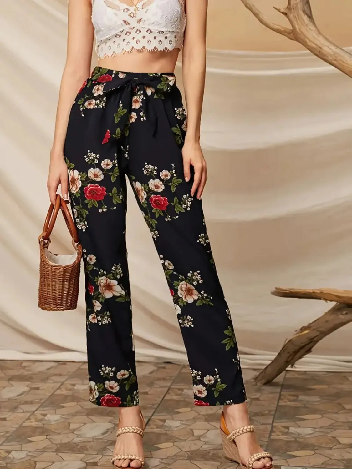 Hazel Blues® |  Tied Floral Straight Pants