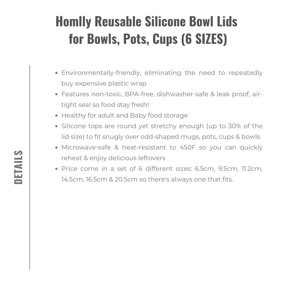 Homlly Basic Reusable Silicone Bowl Lids for Bowls Pots Cups (6 Pcs 6 Sizes)