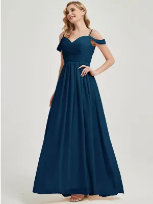 Ink Blue Spaghetti Straps Pleated Chiffon Floor Length Bridesmaid Dress