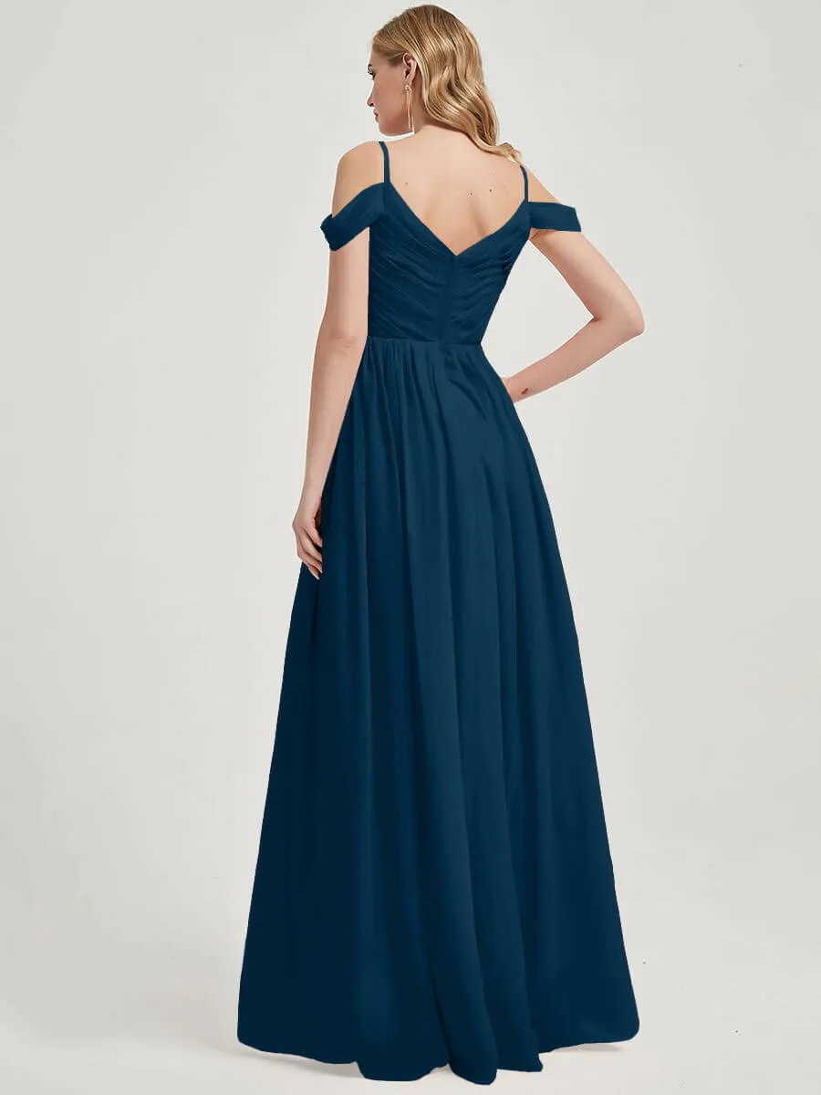 Ink Blue Spaghetti Straps Pleated Chiffon Floor Length Bridesmaid Dress