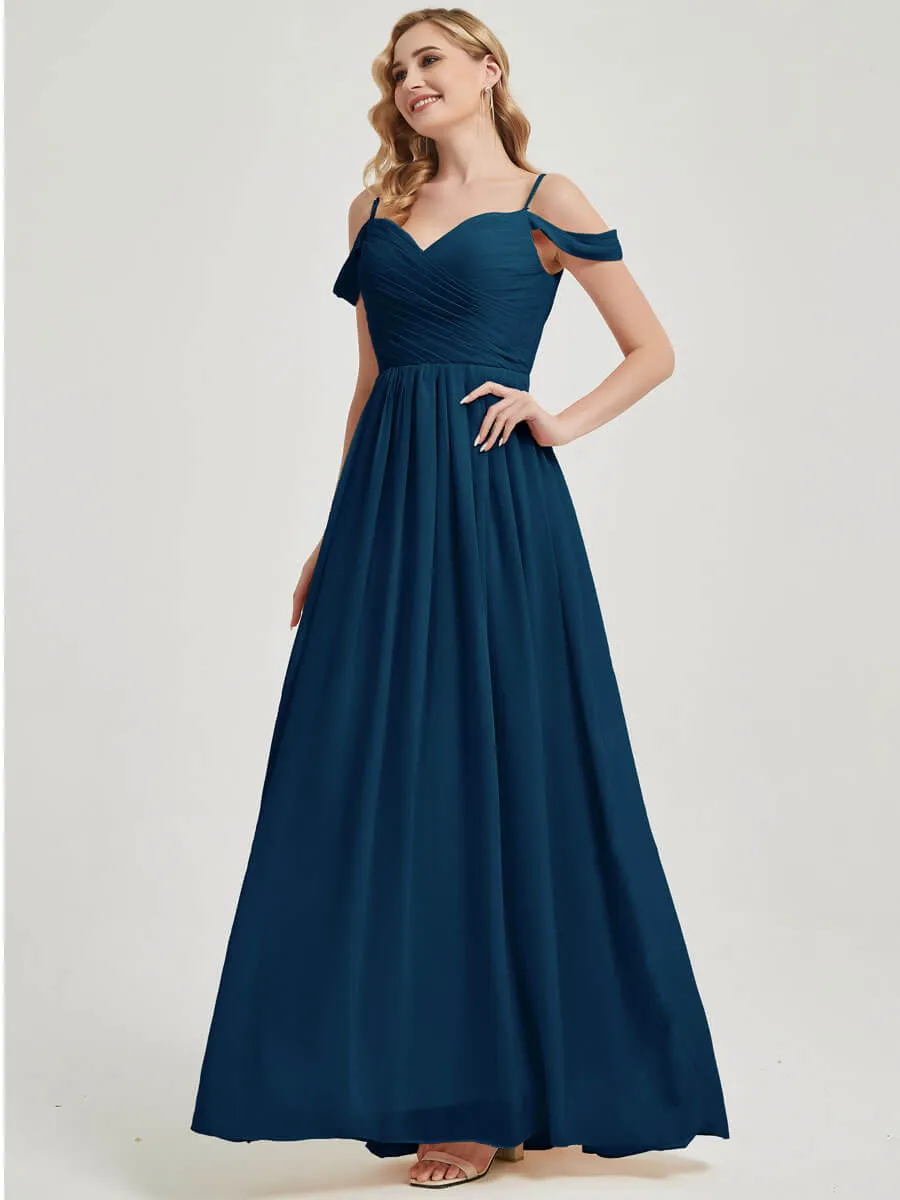 Ink Blue Spaghetti Straps Pleated Chiffon Floor Length Bridesmaid Dress