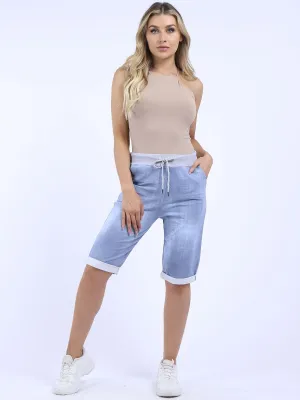 Italian Stretch Cotton Shorts Denim Look Light Blue